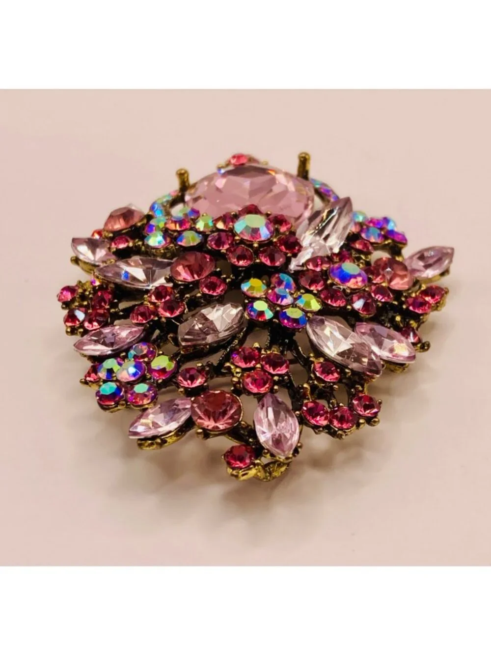 Vintage Style Pink Rhinestone Floral Brooch Pin Aurora Borealis Accents -19B